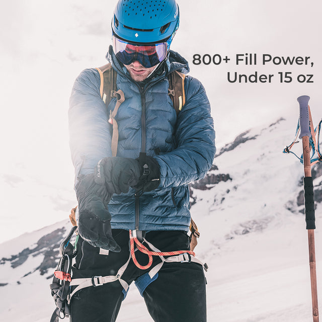 A person in a snowy mountain setting wearing a blue helmet, goggles, a blue puffer jacket, black gloves, and climbing harness gear, with text reading '800+ Fill Power, Under 15 oz' on the right.