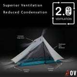 Trekking pole tent with ventilation system diagram on a black background