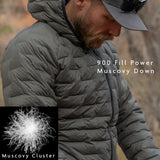 Man wearing insulated down jacket filled with 900 fill power Muscovy down, shown with close-up of down cluster for maximum warmth-to-weight performance.