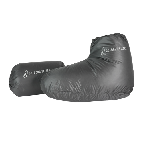 Ultralight down camp booties with included stuff sack for backpacking insulation