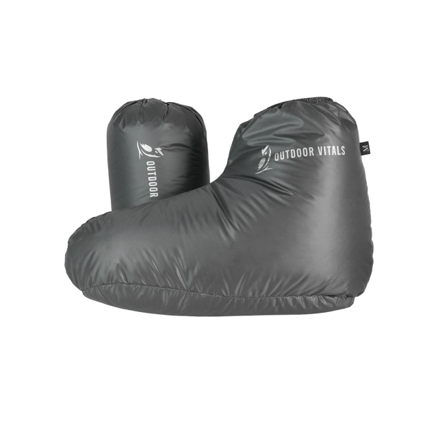 Lightweight down booties and compression stuff sack for camping and backpacking