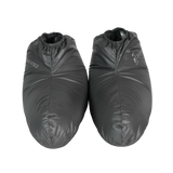 Pair of ultralight down camp booties front view with elastic ankle opening