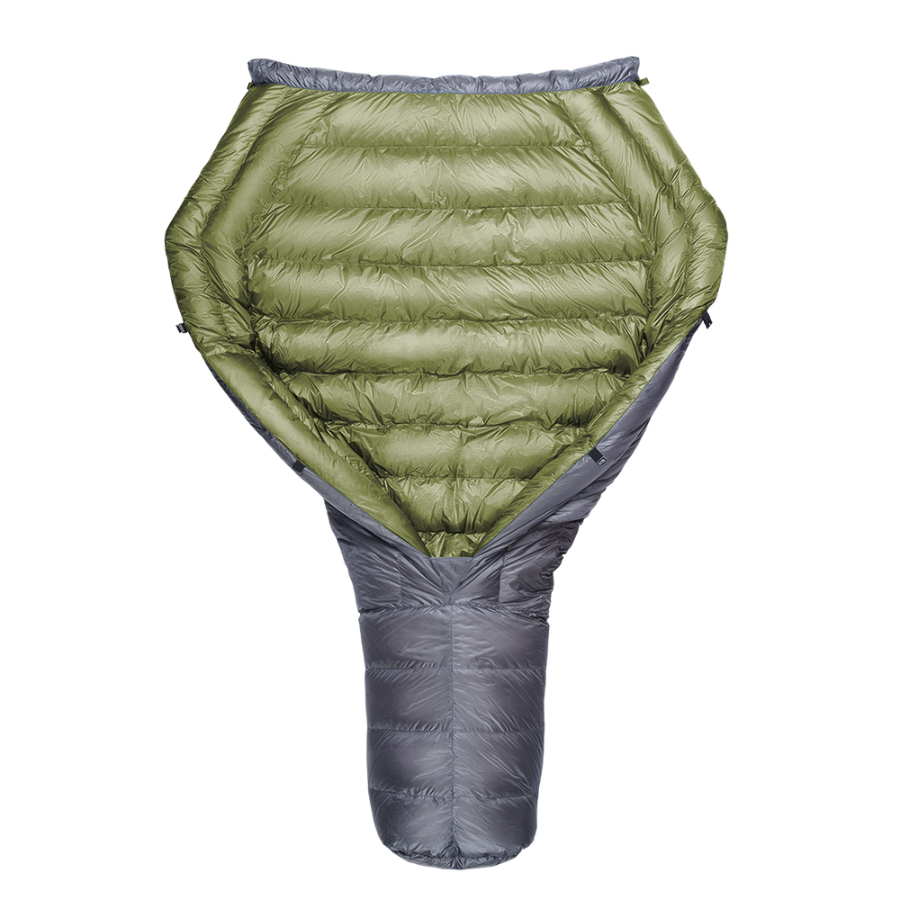 A green and gray StormLoft Down TopQuilt, designed for use as a sleeping pad top quilt to insulate against cold drafts.