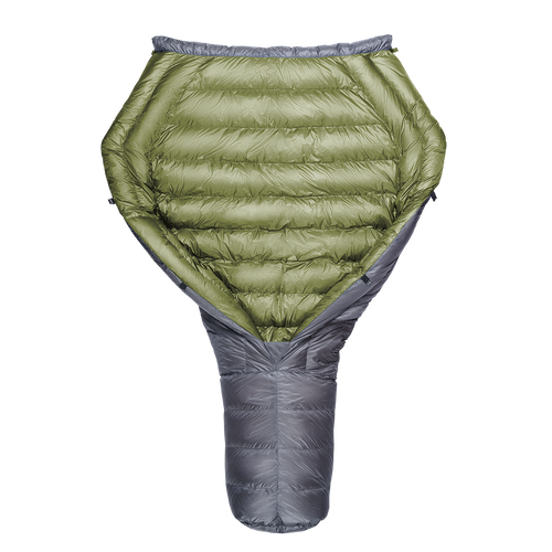 A green and gray StormLoft Down TopQuilt, designed for use as a sleeping pad top quilt to insulate against cold drafts.