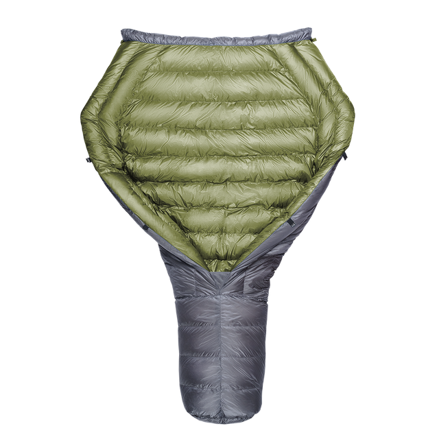 A green and gray StormLoft Down TopQuilt, designed for use as a sleeping pad top quilt to insulate against cold drafts.