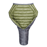 A green and gray StormLoft Down TopQuilt, designed for use as a sleeping pad top quilt to insulate against cold drafts.