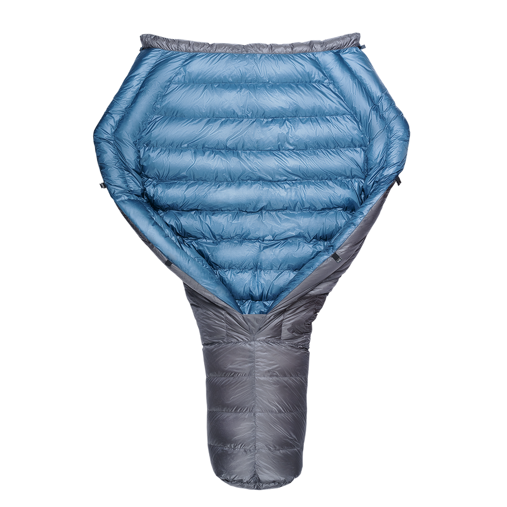 A blue and gray StormLoft Down TopQuilt, designed for use as a backpacking top quilt to insulate against cold drafts.