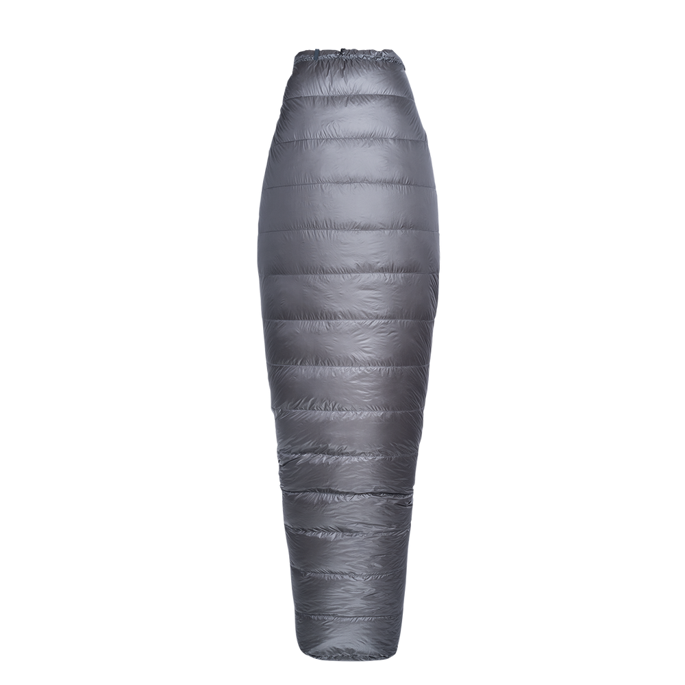 Top view of a gray backpacking quilt fully closed in a tapered, mummy-style shape with horizontal baffles.