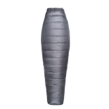 Top view of a gray backpacking quilt fully closed in a tapered, mummy-style shape with horizontal baffles.