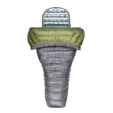 Top-down view of a gray and green backpacking quilt partially open, shown with a silvery inflatable sleeping pad inside.