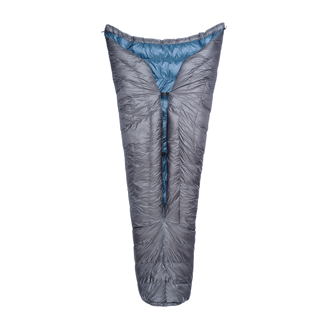 Full view of the blue Outdoor Vitals StormLoft Down TopQuilt shown from the back, displaying its open-back design, pad attachment points, and tapered footbox.