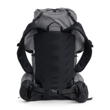 Rear view of the Shadowlight 60 ultralight backpack highlighting the ventilated back panel, shoulder straps, and padded hip belt.