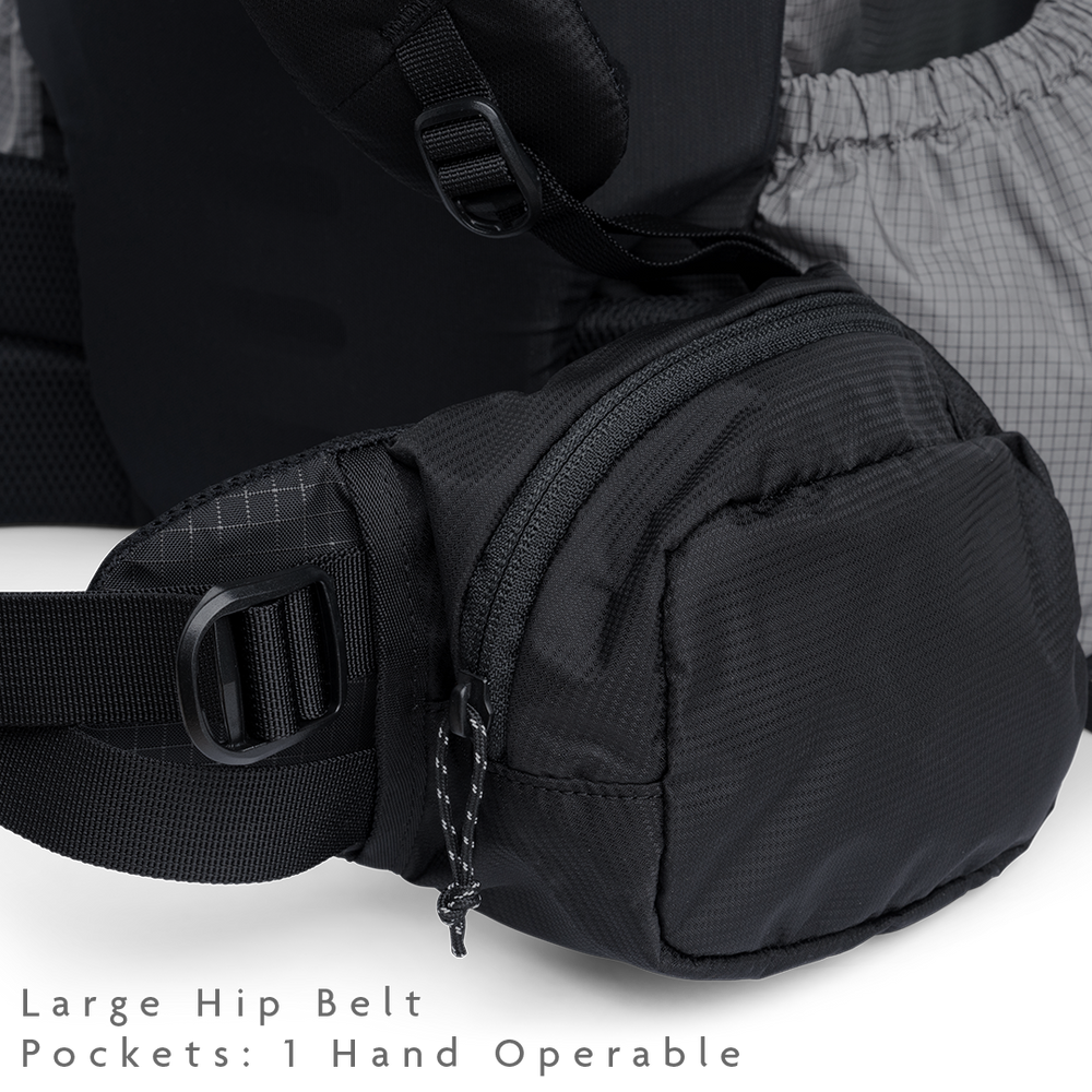 Close-up of the Shadowlight 60 backpack’s hip belt pocket with zipper closure for easy-access storage on the trail.