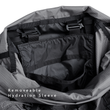Interior view of the Shadowlight 60 backpack showing hydration bladder sleeve and clip for hydration system compatibility.