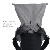 Rear view of the Shadowlight 60 backpack with roll-top closure open, showing main compartment expansion capacity.