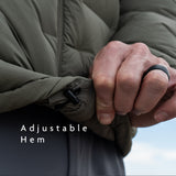 Close-up of a hand tightening the adjustable hem drawcord on the Outdoor Vitals Vantage Alpine Down Jacket in olive green.
