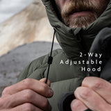 Man tightening the front drawcord of the Outdoor Vitals Vantage Alpine Down Jacket’s 2-way adjustable hood.