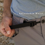 close front view of adjustable belt tensioner on men's hiking pants