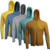 Set of five sun hoodies in yellow, blue, gray, green, and brown on a transparent background.
