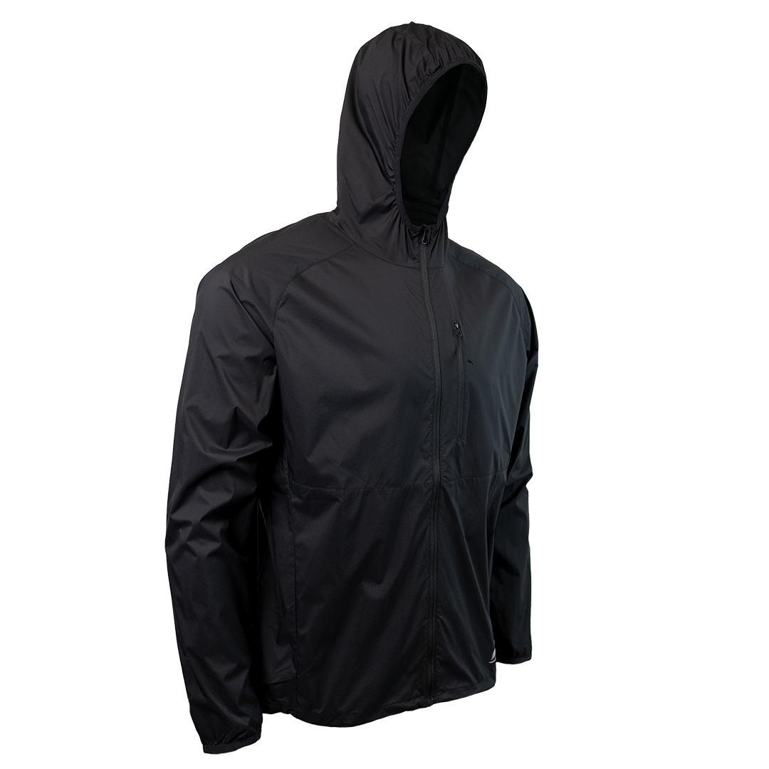 45 degree front right side view of black colored windbreaker jacket for backpacking