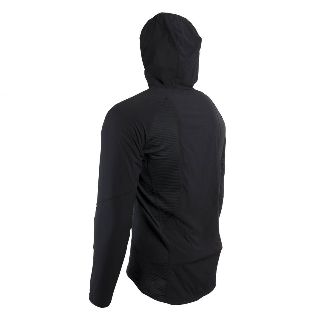 side rear view of black men's fleece mid layer hoodie