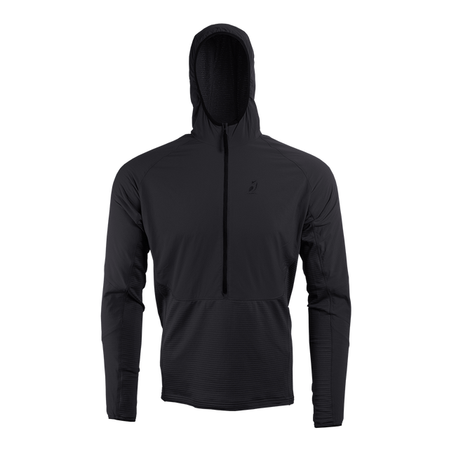 front view of men's black fleece mid layer hoodie for hiking & backpacking