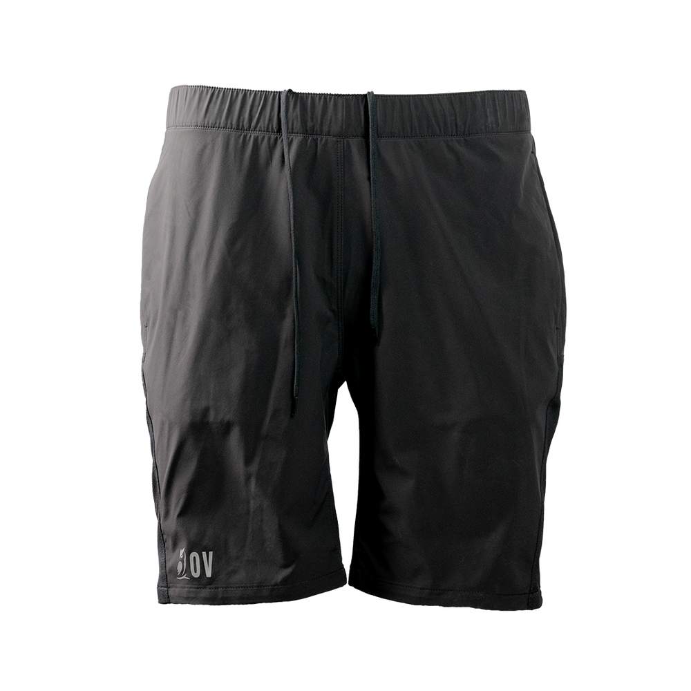 front view of men's black trail shorts for hiking and running