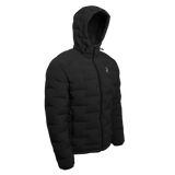 Outdoor Vitals Vantage Alpine Down Jacket in black – angled front view with hood, ultralight insulated puffer for backpacking and alpine adventures