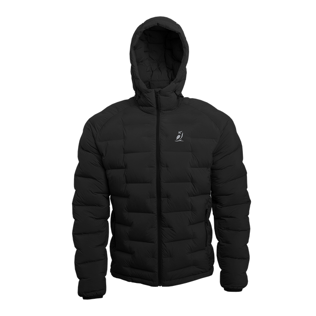 Outdoor Vitals Vantage Alpine Down Jacket in black – front view with hood up, ultralight 850 fill down insulation