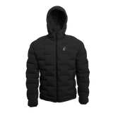 Outdoor Vitals Vantage Alpine Down Jacket in black – front view with hood up, ultralight 850 fill down insulation