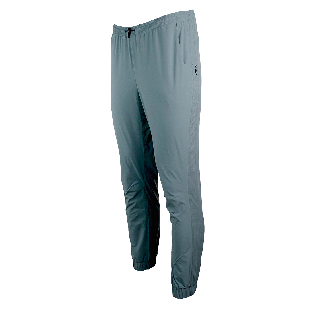 front view of men's blue jogger pants with adjustable cinch cord on the waist