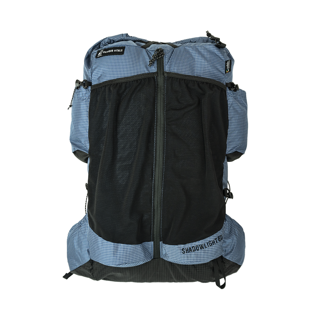 Close-up of the Shadowlight Ultralight Backpack in blue and black color scheme