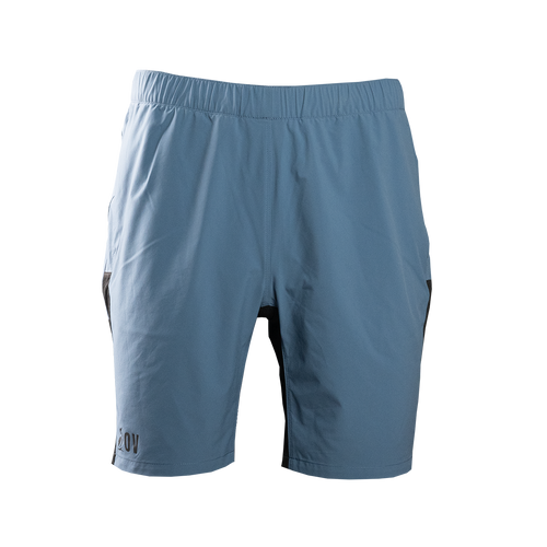 front view of blue trail shorts for hiking & running