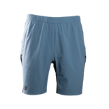 front view of blue trail shorts for hiking & running