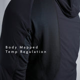 close rear view of body mapped fabric placements on fleece mid layer hoodie