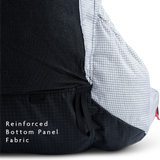 Close-up of backpack reinforced bottom panel fabric for abrasion resistance.