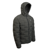 Outdoor Vitals Vantage Alpine Down Jacket in Chimera gray – angled front view with hood, ultralight backpacking puffy