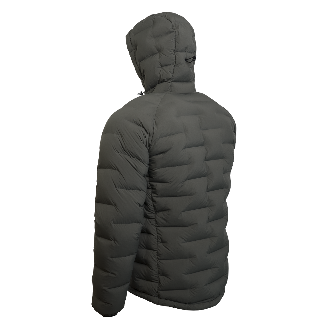 Outdoor Vitals Vantage Alpine Down Jacket in Chimera gray – left angled side view highlighting zero stitch baffle structure