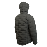 Outdoor Vitals Vantage Alpine Down Jacket in Chimera gray – right angled side view with hood and technical alpine design