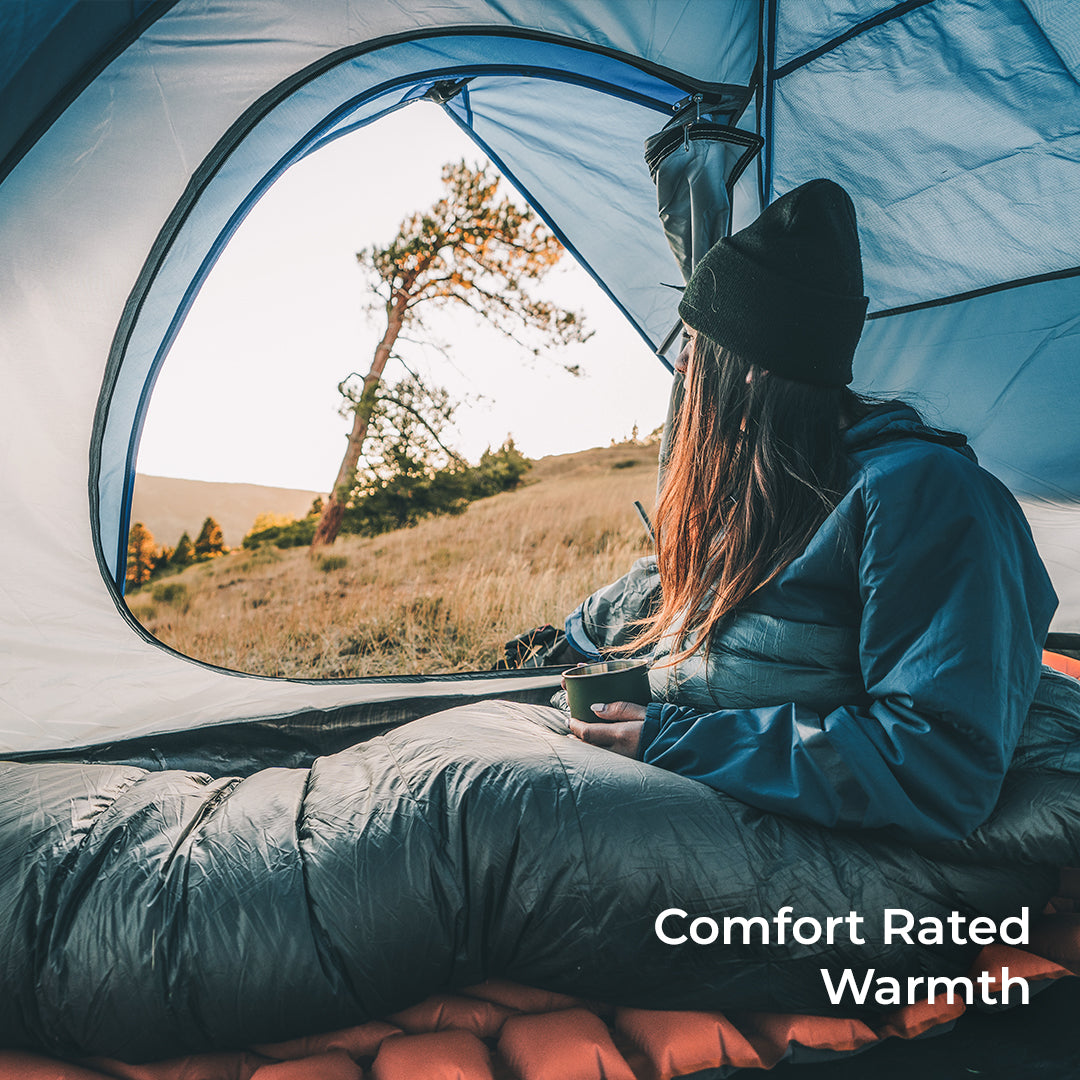 hiker sits inside green 0 degree quilt in tent looking out the door. Callout text says, "Comfort Rated Warmth."