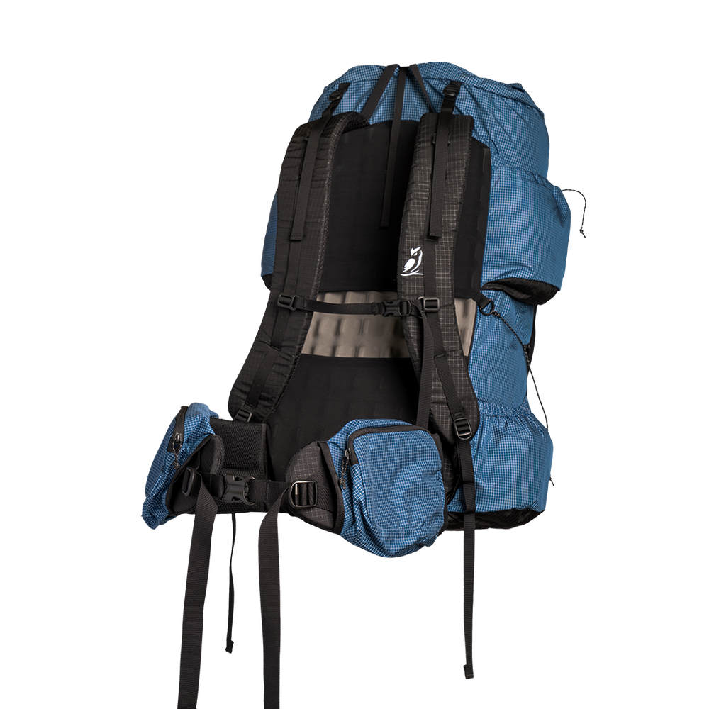 Detailed view of the Shadowlight Ultralight Backpack's blue fabric and adjustable straps