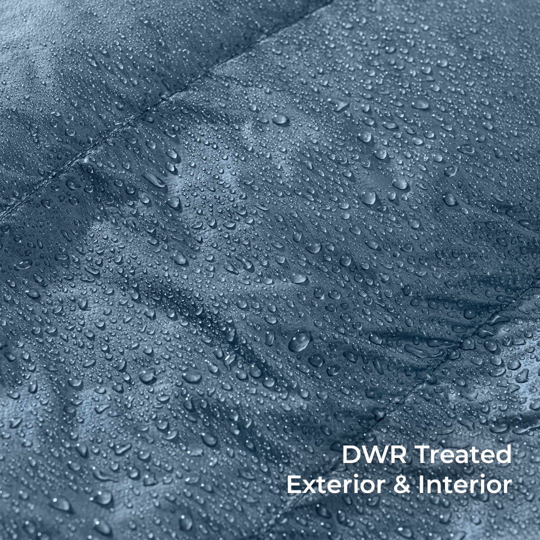 Close-up of a dark blue-gray DWR treated fabric covered with water droplets, with white text in the lower right reading 'DWR Treated Exterior & Interior'.