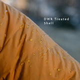 Close-up of jacket shell fabric with water beading on the surface, demonstrating durable water-resistant (DWR) treatment.