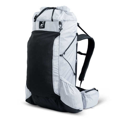 Angled front view of ultralight backpack highlighting front mesh pocket and compression system.