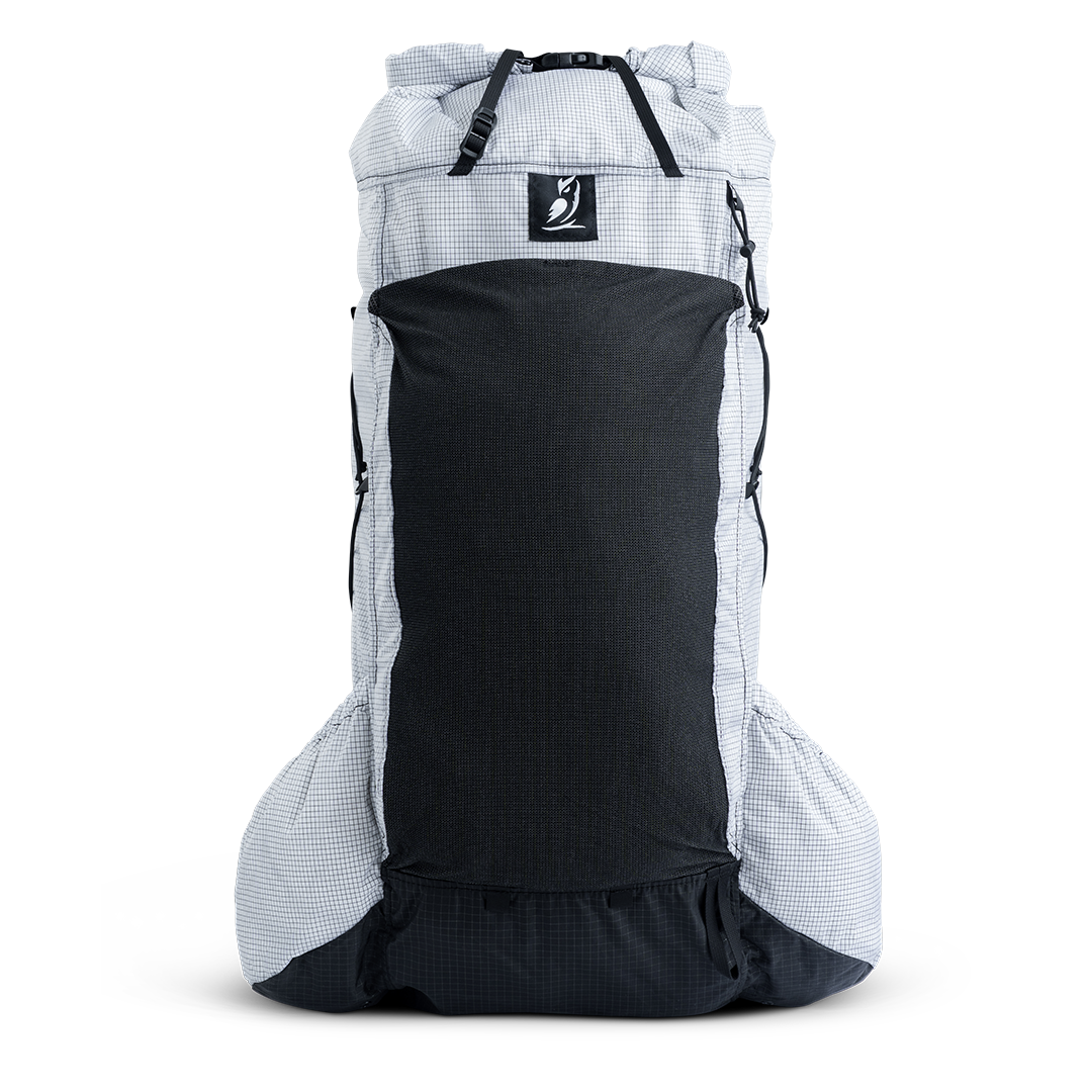 Black and white Carbon Evo 50 backpack with a visible brand logo on a white background