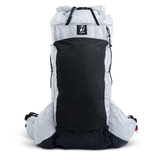Front view of ultralight backpack with large stretch front pocket and roll-top closure.