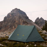 side view of 2 person trekking pole tent in high elevation mountains