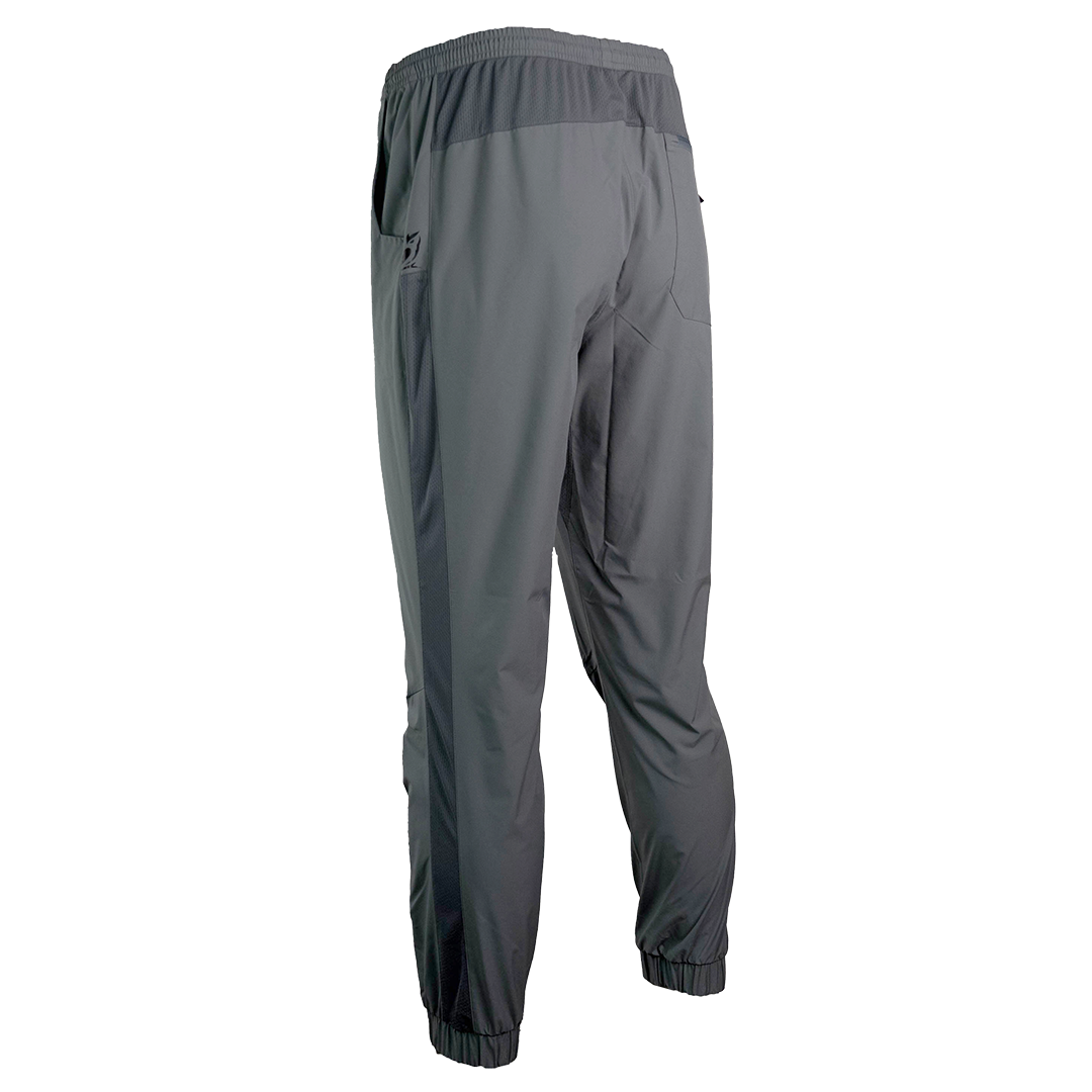 rear view of men's gray joggers & full length side ventilation
