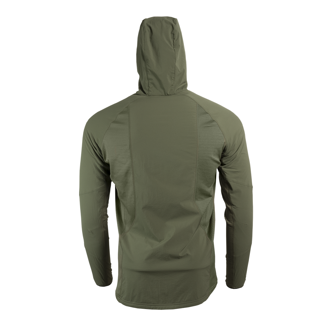 rear view of olive green men's fleece mid layer