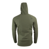 rear view of olive green men's fleece mid layer